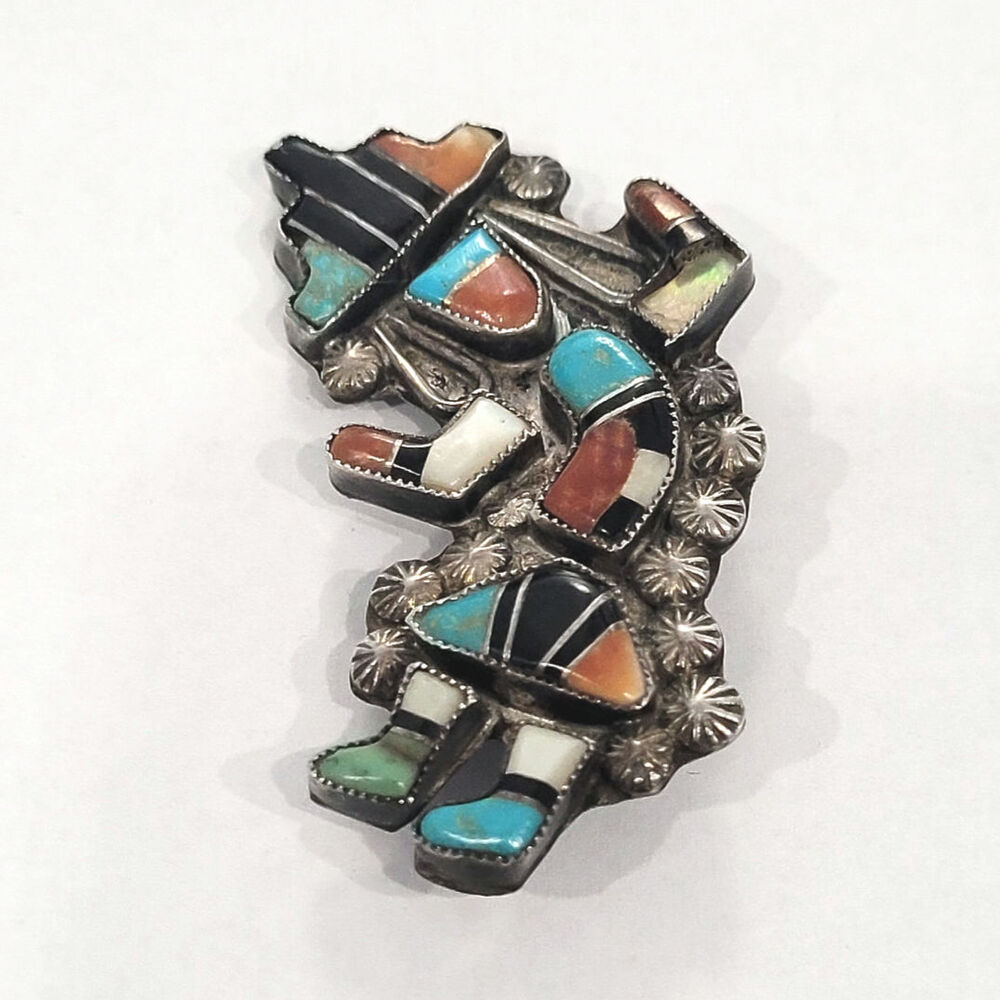 Vintage 1940s Zuni Native American Rainbow Man Turquoise Sterling Silver Brooch